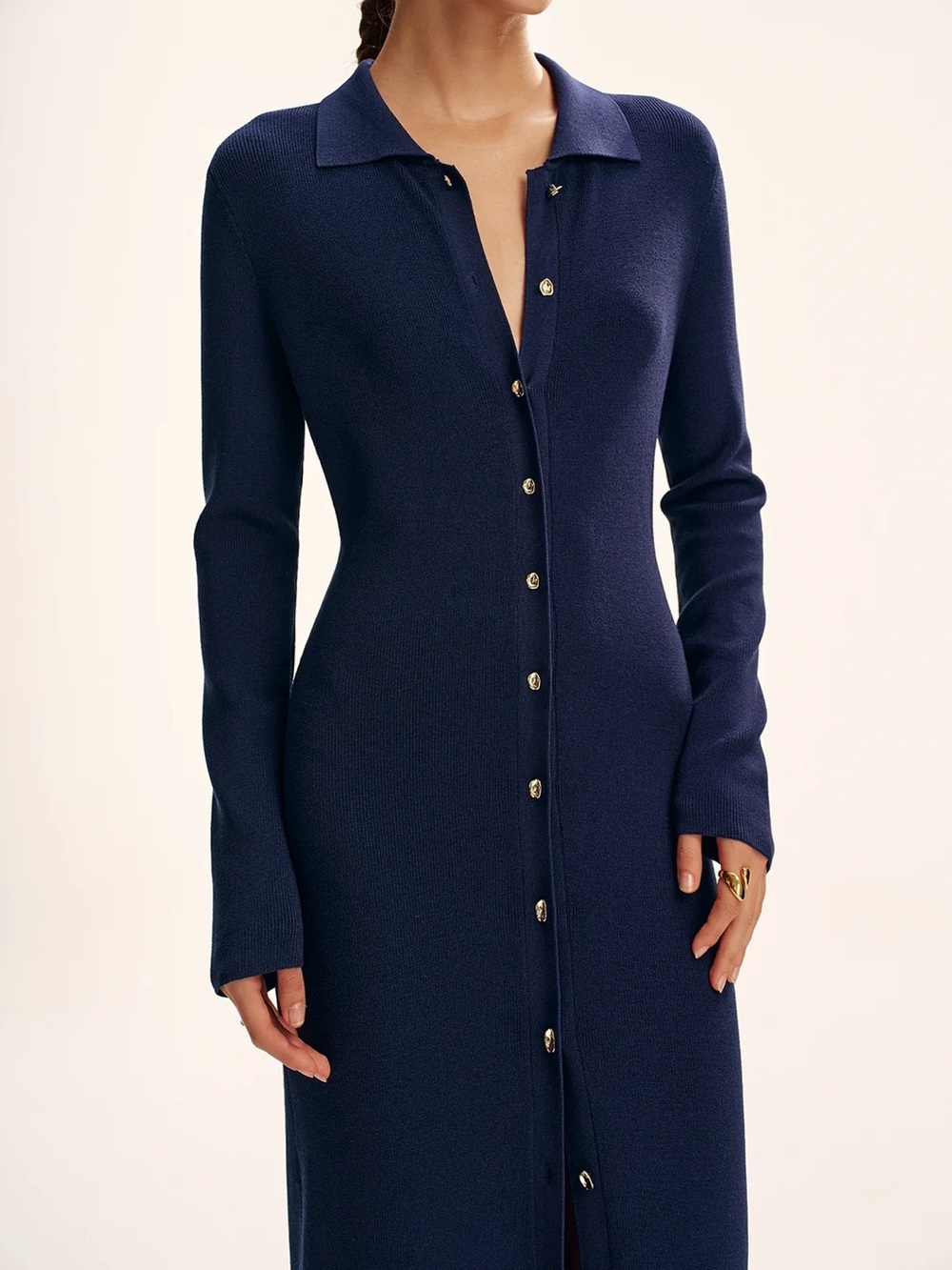 89th madison Navy Long Sleeve Button-Front Knit Dress